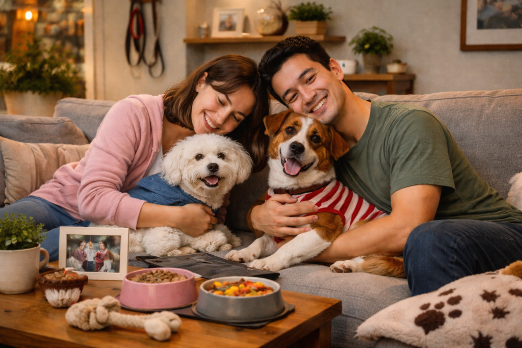 Pareja compartiendo un momento cotidiano con sus mascotas